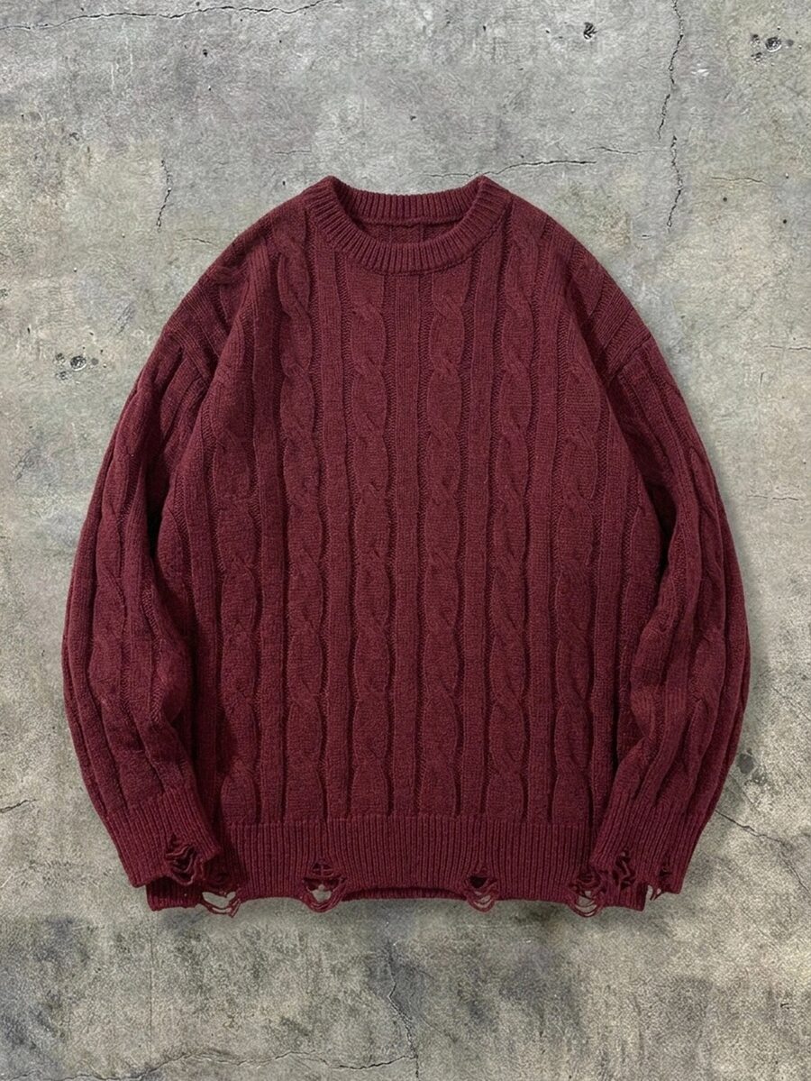 Manfinity Homme Men's Ribbed Streetwear Distressed Crew Neck Sweater, Couple Outfit, Office Work Autumn, Best Holiday Gift - Red - View 1