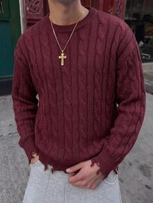 NEOSTRIT Men's Ribbed Streetwear Distressed Crew Neck Sweater, Couple Outfit, Office Work Autumn, Best Holiday Gift - Red - View 5