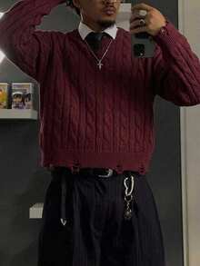 NEOSTRIT Men's Ribbed Streetwear Distressed Crew Neck Sweater, Couple Outfit, Office Work Autumn, Best Holiday Gift - Red - View 1