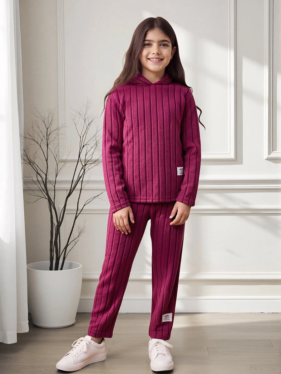 SHEIN Tween Girls Fall Outfits Fall Tops Fall Solid Ribbed Knit 2 Pieces Outfit, Hoodie Pullover & Relaxed Pants, Holiday Outfits - Hot Pink - View 1