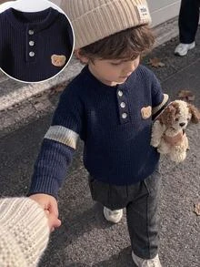 SHEIN 小男孩毛衣 (小號) 休閒戶外度假海軍藍條紋圓領套頭衫 兒童毛衣 柔軟舒適 適合日常穿著、外出、旅行、度假、托兒所、玩耍、返校、春秋冬季 - 藏蓝色 - 查看 8
