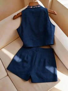 Selianne 女款夏季刺繡兩件套，清爽亞麻感無袖上衣與短褲套裝，刺繡立領無袖上衣兩件套，日常通勤休閒穿搭 - 藏蓝色 - 查看 2