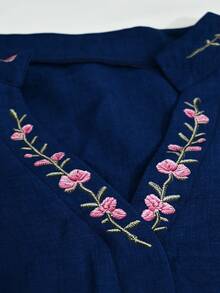 Selianne 女款夏季刺繡兩件套，清爽亞麻感無袖上衣與短褲套裝，刺繡立領無袖上衣兩件套，日常通勤休閒穿搭 - 藏蓝色 - 查看 8