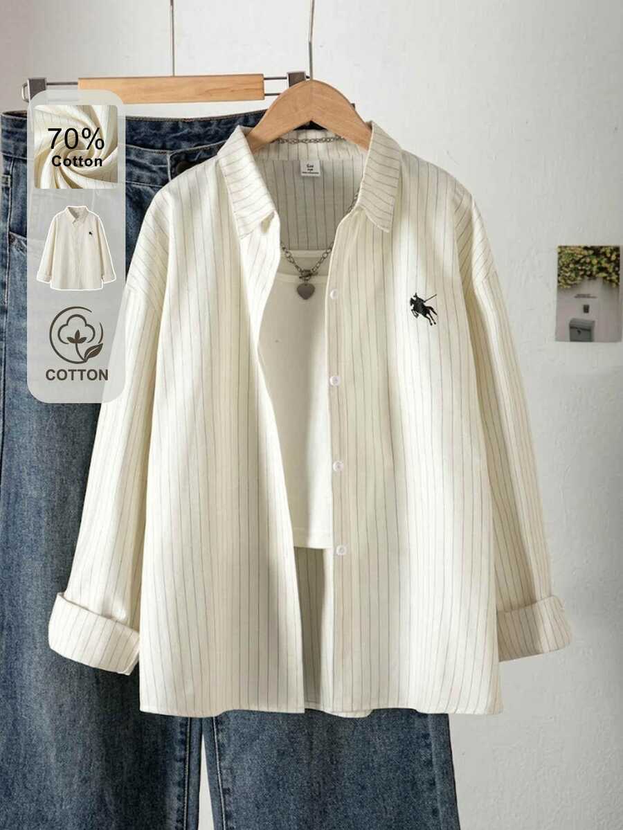 SHEIN Teen Girls Striped Button Down Shirt Jacket Embroidery Long Sleeve Fall Tops Casual Blouse Autumn Winter Wear Cotton Outerwear
