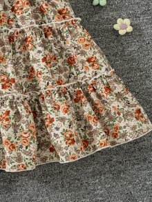 SHEIN 女童 2 件套燈芯絨夾克與花卉背心洋裝，翻領短袖長袖夾克內搭花朵設計，棕色秋季嬰幼兒 7 歲生日禮物 - 綠色 - 查看 10