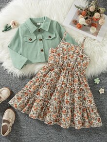 SHEIN 女童 2 件套燈芯絨夾克與花卉背心洋裝，翻領短袖長袖夾克內搭花朵設計，棕色秋季嬰幼兒 7 歲生日禮物 - 綠色 - 查看 6