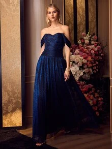 MOTF Soiréza ELEGANT WOMEN OFF SHOULDER RUCHED BODICE PLEATED MAXI GOWN FOR FORMAL EVENING PARTY, WEDDING, GALA - Navy Blue - View 11