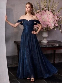 MOTF Soiréza ELEGANT WOMEN OFF SHOULDER RUCHED BODICE PLEATED MAXI GOWN FOR FORMAL EVENING PARTY, WEDDING, GALA - Navy Blue - View 4