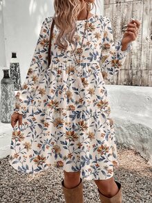 SHEIN LUNE فستان سموك نسائي أنيق بطراز كوتج كور بوهيمي بنقشة نباتية مع حافة مكشكشة واسعة وياقة دائرية وأكمام طويلة وطول الركبة باللونين الأبيض والأزرق بنقشة زهور خريفية - متعدد الألوان - مشاهدة 4