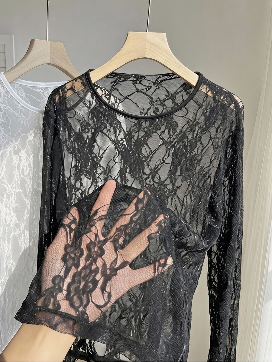 Comfortcana Plus Size Women's Round Neck Long Sleeve Sheer Fashion Top - Black - View 1