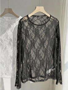 Comfortcana Plus Size Women's Round Neck Long Sleeve Sheer Fashion Top - Black - View 3