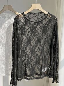 Comfortcana Plus Size Women's Round Neck Long Sleeve Sheer Fashion Top - Black - View 2
