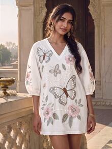 Bytebia Bytebia Women's Elegant Butterfly & Floral Print Dress - Multicolor - View 6
