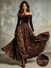 Glimmora Women's Vintage Shoulder Top And Paisley Print Midi Skirt 2 Pieces Set - Multicolor - View 1