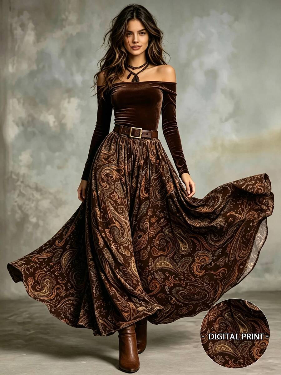 Glimmora Women's Vintage Shoulder Top And Paisley Print Midi Skirt 2 Pieces Set - Multicolor - View 1