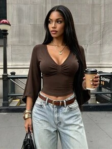 Rovax Regular Fit V-Neck Long Sleeve Top - Brown - View 4