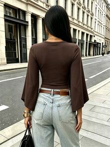Rovax Regular Fit V-Neck Long Sleeve Top - Brown - View 2
