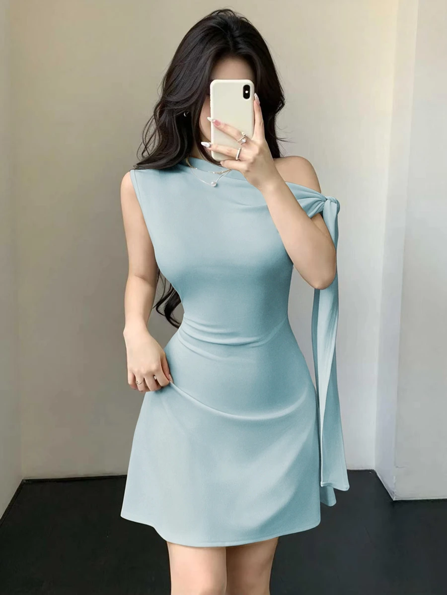 SHEIN Unity Women's Asymmetric Tie-Up Waist Short Dress - Baby Blue - View 1