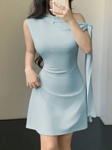 SHEIN Unity Women's Asymmetric Tie-Up Waist Short Dress - Baby Blue - View 3