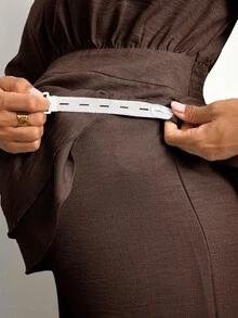 MaterniWear 孕婦純色百褶長袖上衣與可調腰圍長褲休閒日常兩件套 秋季 - 棕色 - 查看 10