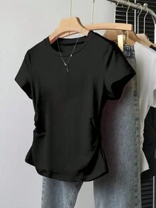 Young Girl 5-Piece Set,Casual Minimalist Ruffle Sleeve Crew Neck Solid Color Short Sleeve T-Shirt,White,Baby Pink Black,Summer,School,Back-To-School - Multicolor - View 5