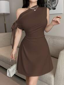 Celisse Women's Asymmetric Tie-Up Waist Short Dress - Brown - View 5