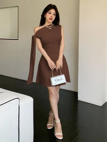 Celisse Women's Asymmetric Tie-Up Waist Short Dress - Brown - View 6