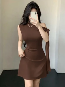 Celisse Women's Asymmetric Tie-Up Waist Short Dress - Brown - View 1