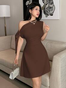 Celisse Women's Asymmetric Tie-Up Waist Short Dress - Brown - View 7