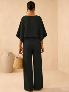 SHEIN LUNE CURVE مجموعة من قطعتين للنساء مقاس كبير، بلوزة بلون موحد بياقة مستديرة وأكمام خفاشية وبنطال واسع الساق مطوي، مناسبة للخريف - متعدد الألوان - مشاهدة 2
