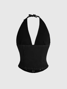 ROMWE Autumn/Winter Fashion Y2K Millennium Style Napoleon Military Uniform Inspired Multi-Layer Button & Buckle Decor New Year Outfit Halter Neck Fitted Women's Tank Top - Black - View 3