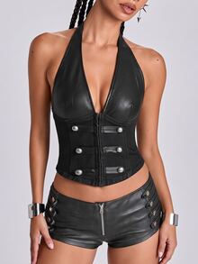 ROMWE Autumn/Winter Fashion Y2K Millennium Style Napoleon Military Uniform Inspired Multi-Layer Button & Buckle Decor New Year Outfit Halter Neck Fitted Women's Tank Top - Black - View 1