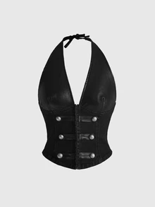 ROMWE Autumn/Winter Fashion Y2K Millennium Style Napoleon Military Uniform Inspired Multi-Layer Button & Buckle Decor New Year Outfit Halter Neck Fitted Women's Tank Top - Black - View 2