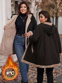 SHEIN Clasi 大尺碼長版保暖內裡連帽外套，冬季居家休閒度假外出旅行灰色休閒寬鬆俐落款，秋冬適用 - 黑色 - 查看 3