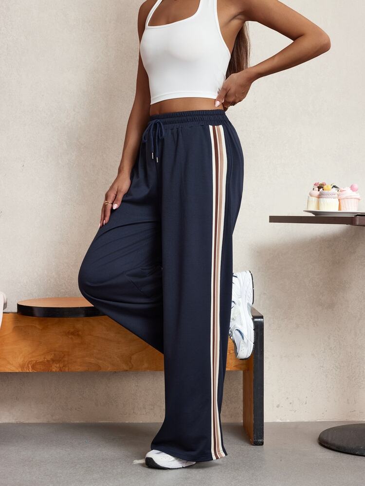 Dewbera Dewbera Yoga High Waist Loose Flared Sports Pants, Color Block - Navy Blue - View 3