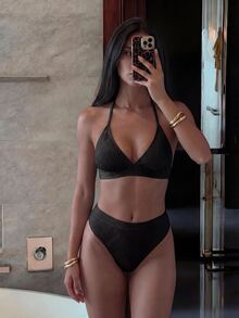 SHEIN Swim 女士假期純色露背綁頸性感比基尼套裝，兩件式 - 黑色 - 查看 3