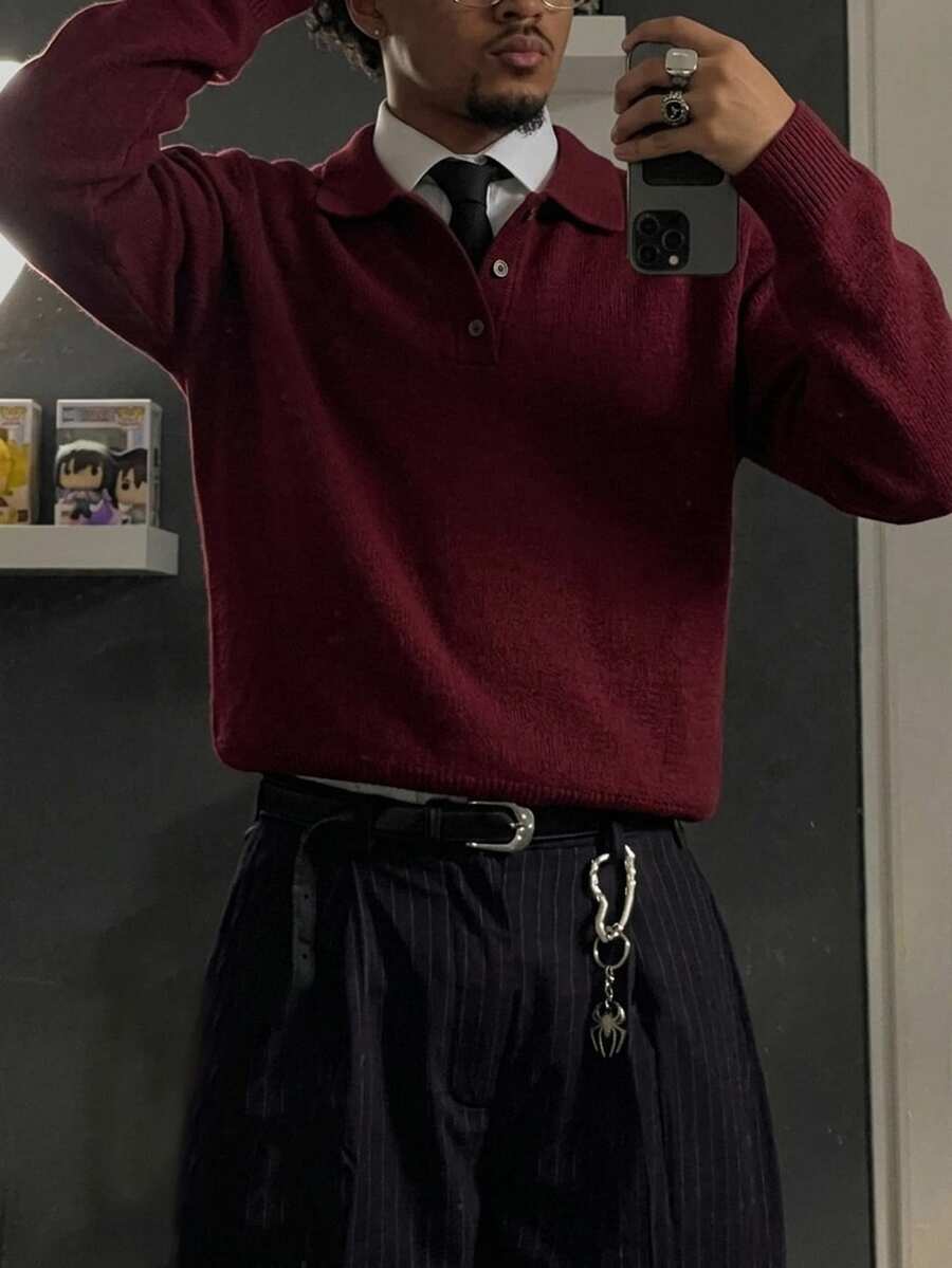 NEOSTRIT Men's Solid Color Versatile Daily Wear Long Sleeve Sweater, Suitable For Summer Outings, Essent Style, Best Holiday Gift Business Office Christmas - Burgundy - View 1