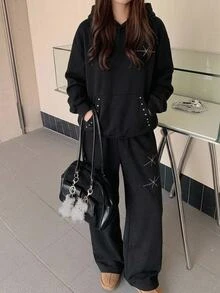 DAZY Women's 2pcs Rhinestone Pattern Loose Hooded Pullover Sweatshirt & Long Pants Casual Sports Streetwear Korean Style Fleece Lined Set, Autumn/Winter - Black - View 4