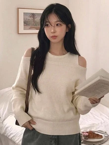 DAZY Women's Solid Color Crew Neck Sleeveless Knit Top And Off Shoulder Long Sleeve Sweater Set Spring - White - View 5