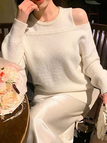 DAZY Women's Solid Color Crew Neck Sleeveless Knit Top And Off Shoulder Long Sleeve Sweater Set Spring - White - View 6