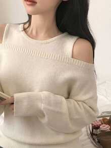 DAZY Women's Solid Color Crew Neck Sleeveless Knit Top And Off Shoulder Long Sleeve Sweater Set Spring - White - View 3