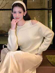 DAZY Women's Solid Color Crew Neck Sleeveless Knit Top And Off Shoulder Long Sleeve Sweater Set Spring - White - View 8