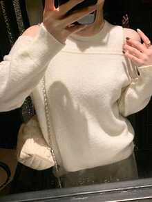 DAZY Women's Solid Color Crew Neck Sleeveless Knit Top And Off Shoulder Long Sleeve Sweater Set Spring - White - View 9
