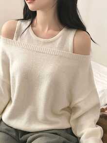DAZY Women's Solid Color Crew Neck Sleeveless Knit Top And Off Shoulder Long Sleeve Sweater Set Spring - White - View 1