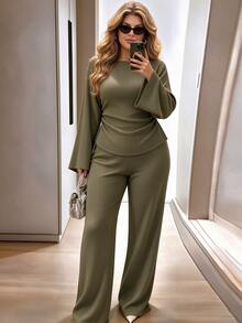 Easura Plus Size Women's Solid Color Pleated Long Sleeve Top And Pants Casual Daily Set Fall - Army Green - View 2