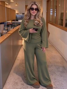 Easura Plus Size Women's Solid Color Pleated Long Sleeve Top And Pants Casual Daily Set Fall - Army Green - View 1