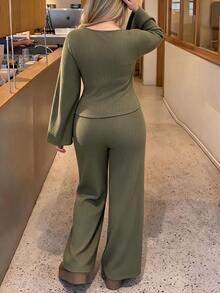Easura Plus Size Women's Solid Color Pleated Long Sleeve Top And Pants Casual Daily Set Fall - Army Green - View 7