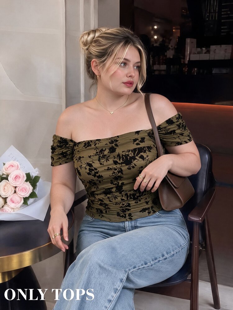 SHEIN MOD Plus Size Summer Olive Green Flocked Print Crop Top, Vintage Romantic Elegant Court Style, Retro Daily Wear, Casual Holiday Outfit Girls Date Night - Army Green - View 4