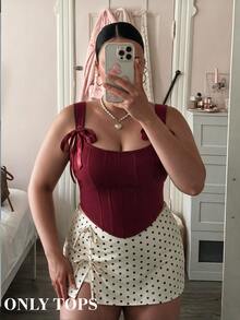 SHEIN MOD Plus Size Red Bow Front Tie Corset Tank Top Christmas - Burgundy - View 1