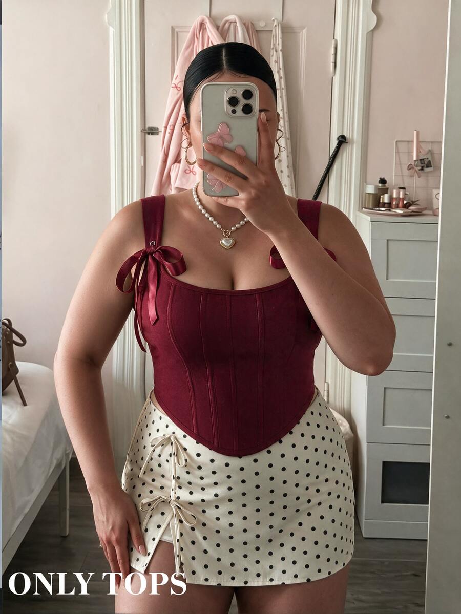 SHEIN MOD Plus Size Red Bow Front Tie Corset Tank Top Christmas - Burgundy - View 1